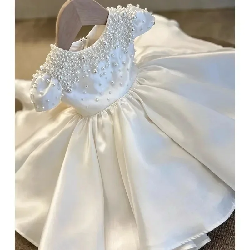 Custom White Pearl Embellished Satin Flower Girl Dress First Christmas Dress Wedding Party Gown for Girls فساتين اطفا image 4
