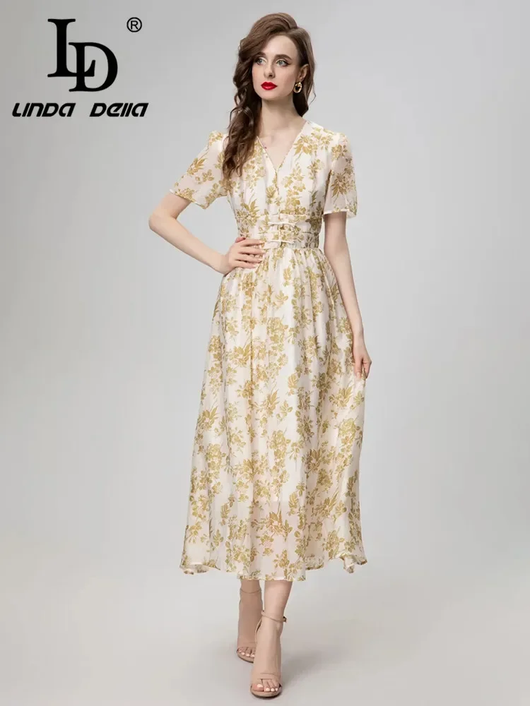 

LD LINDA DELLA Summer Runway Vacation Dress Women's Bohemian Elegant Floral Print Tunics Disc Buckle Chiffon Temperament Dresses