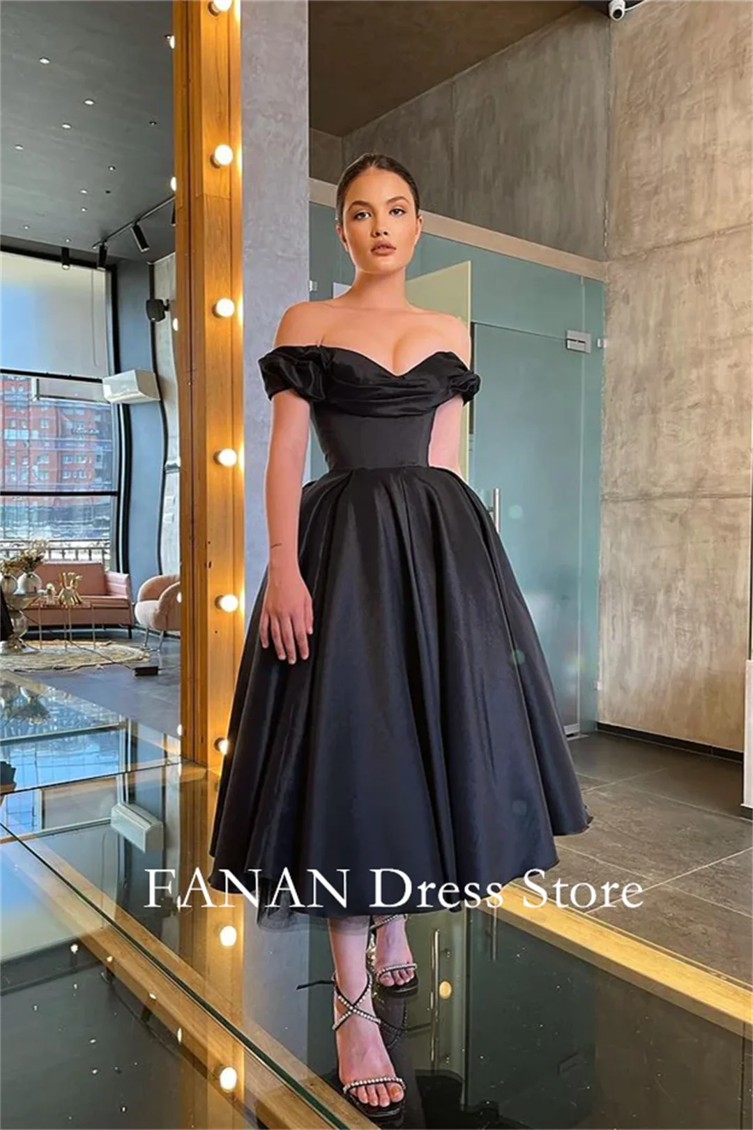 

Off Shoulder Prom Dress Black Customized Tea Length Satin Wedding Evening Dresses Formal Dress Elegant Party Dress Evening Gowns