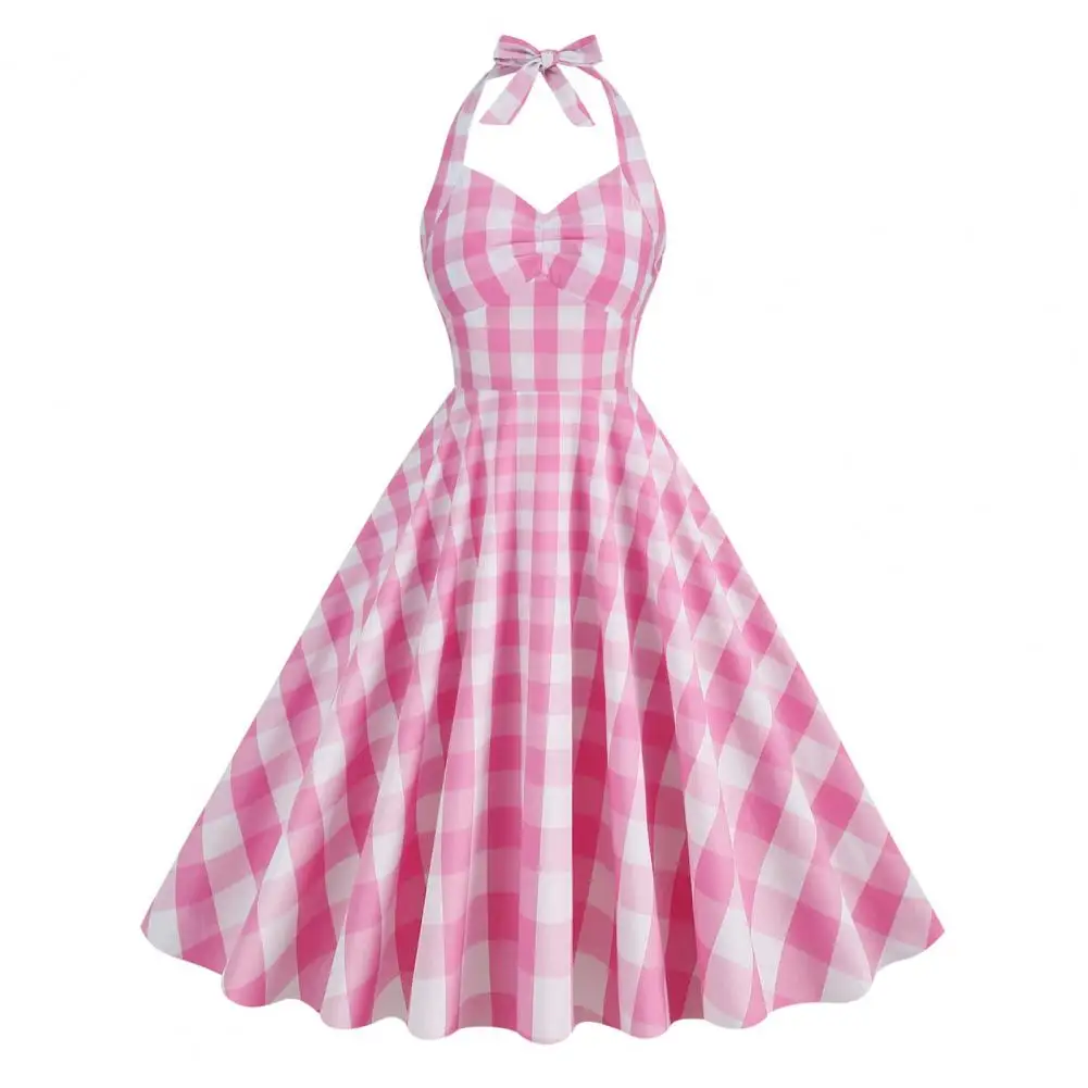 1950s Checkered Vintage Dress Women Pink Plaid Sleeveless Dress Lace-up Bowknot Halter Skater Hem Club Cocktail Party Dress