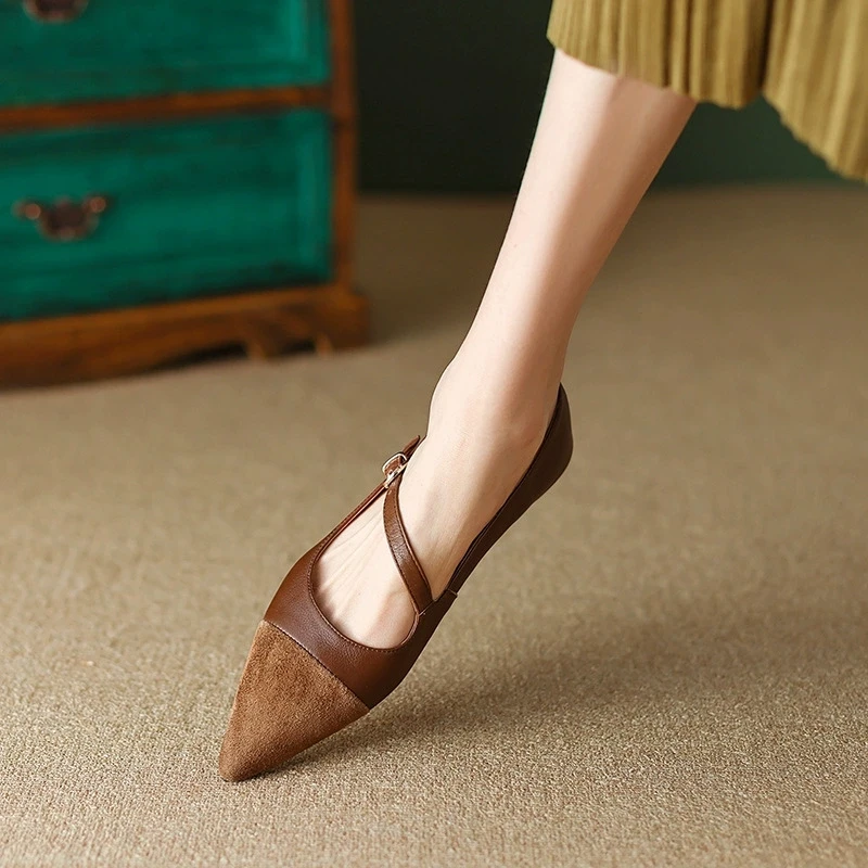 Retro Brown Pointed Single Shoe Women's Soft Leather New Flat Heel Shallow Mouth Scoop Shoe Single Buckle French Flat Sole