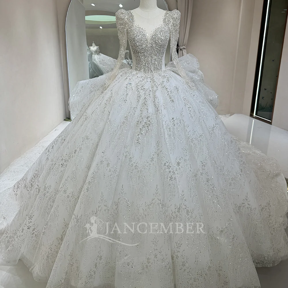 

Customized 2025 Luxury Lace Appliques Ball Gown Princess Wedding Dress Elegant O-Neck Long Sleeves Backless Bridal Gowns Vestido