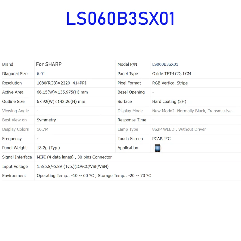 LS060B3SX01 6.0 Inch LCD Display Screen Panel Original for Sharp 30 Pins Connector Brand New