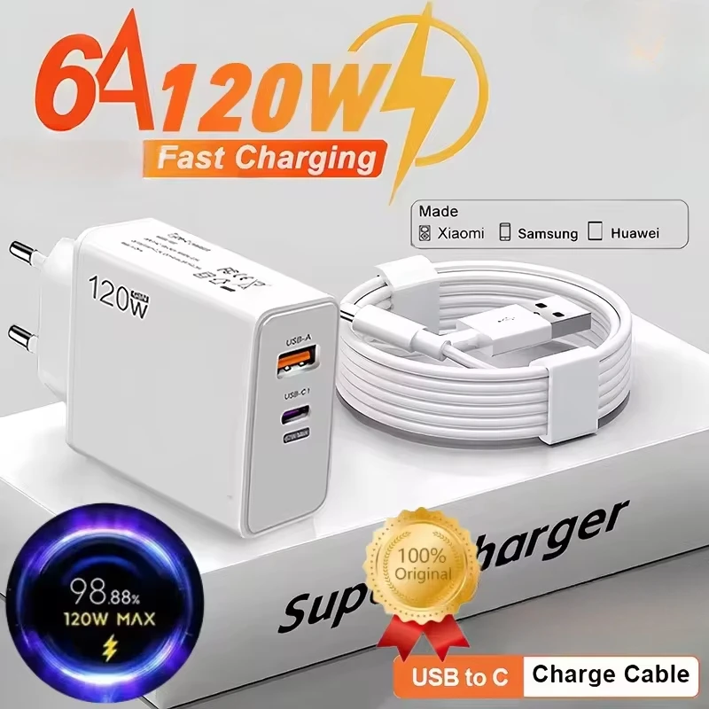 

120W USB Charger with Type C Data Cable Phone Charger Quick Charge Adapter for iPhone 15 Pro Xiaomi Samsung Huawei Wall Adapter