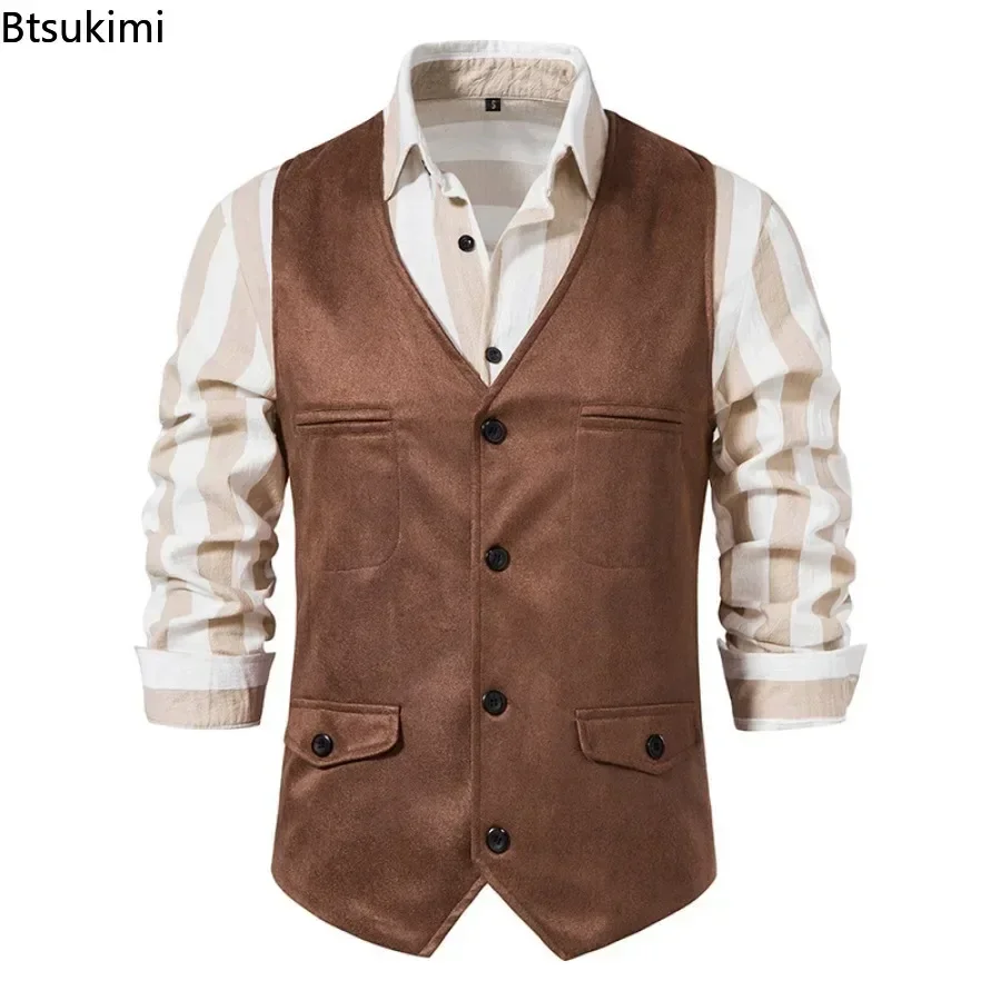 New 2025 Men's Vest V-neck Suede Single Breasted Vest Jacket Men Casual Business Party Waistcoat Fashion Solid Slim Vest for Men