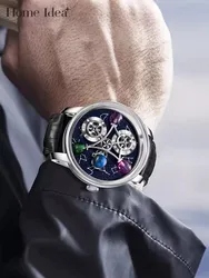 Reloj de pulsera mecánico para hombre, cronógrafo de lujo, con volante de inercia, totalmente automático, informal, con correa de cuero genuino, luminoso