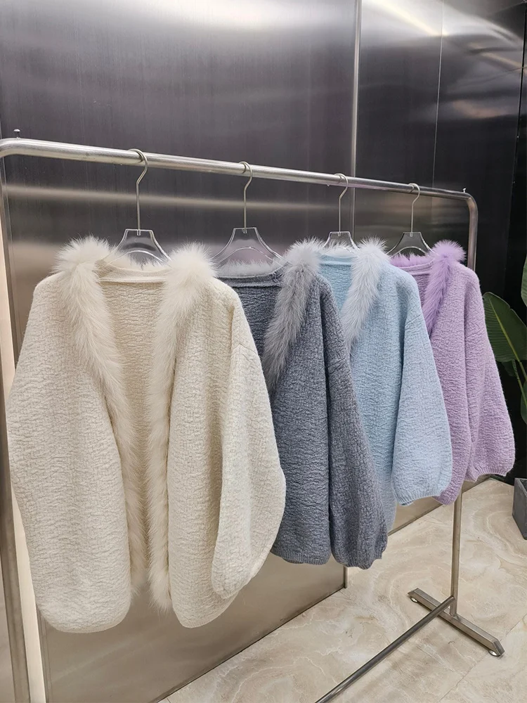 

2025 женский свободный вязаный кардиган из натурального лисьего меха, полосатый свитер с лисьим мехом, женское пальто с рукавами, верхняя одежда