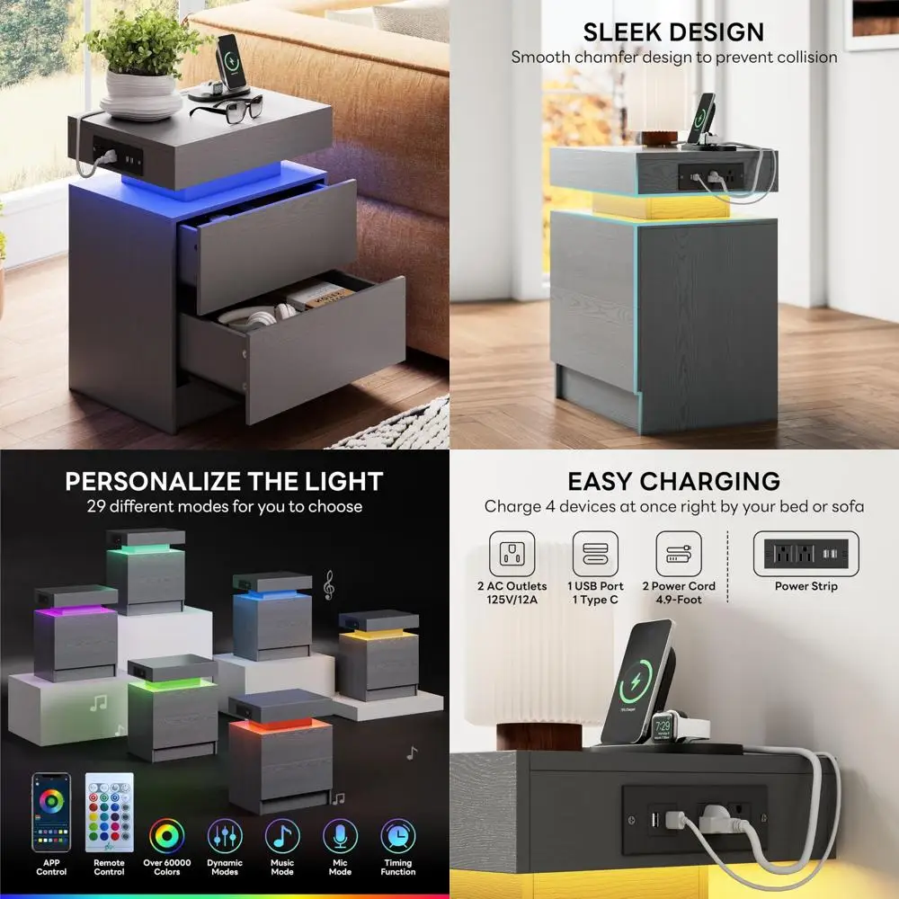 Modern Grey Charging Station Nightstand with LED Light and Drawers - Bedside Table for Bedroom, Contemporary End Table with USB