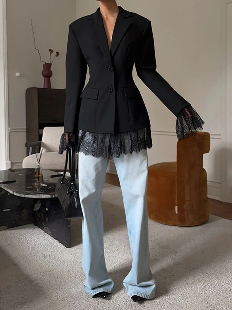 Temperament Lapel Long Sleeve Jacket Black Casual Lace Spliced Commute Blazer Autumn Lady Slim Single Breasted Suits Outerwear