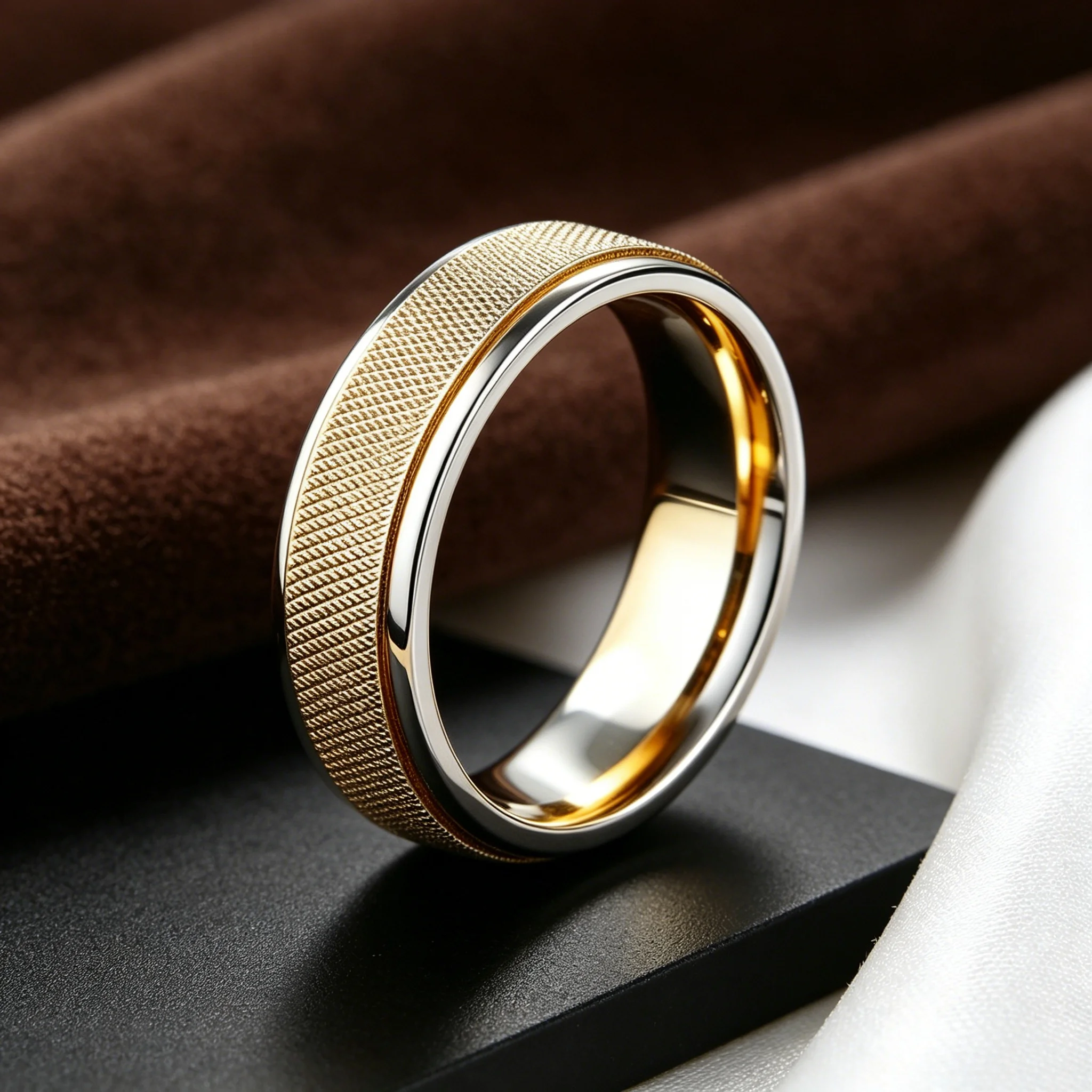 Gold Tone Mesh Textured Band Ring, Polished Smooth Edge Stainless Steel Unisex Wedding Band for Men Women