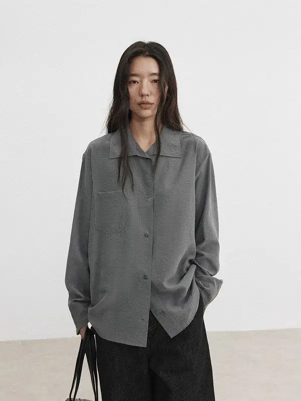 

ForloveNancy Casual Sle Loose Fit Cotton irt Women's Faion Versatile Hong Kong Sle Basic Model Long Sve Pure Color