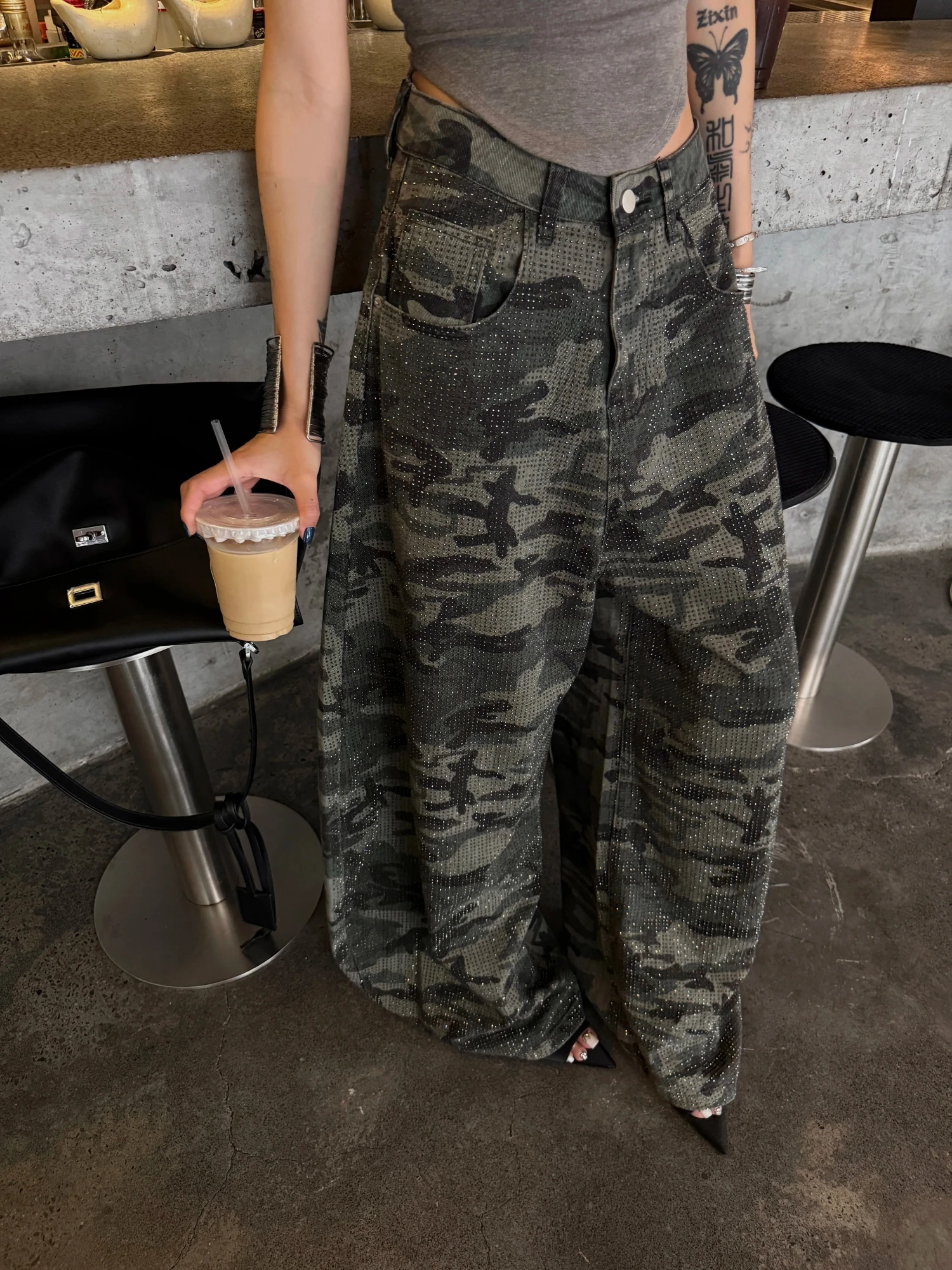 American Retro Rhinestone Camouflage Jeans High Street Loose Floor-Length Wide Leg Pants Unisex Street Micro Flared