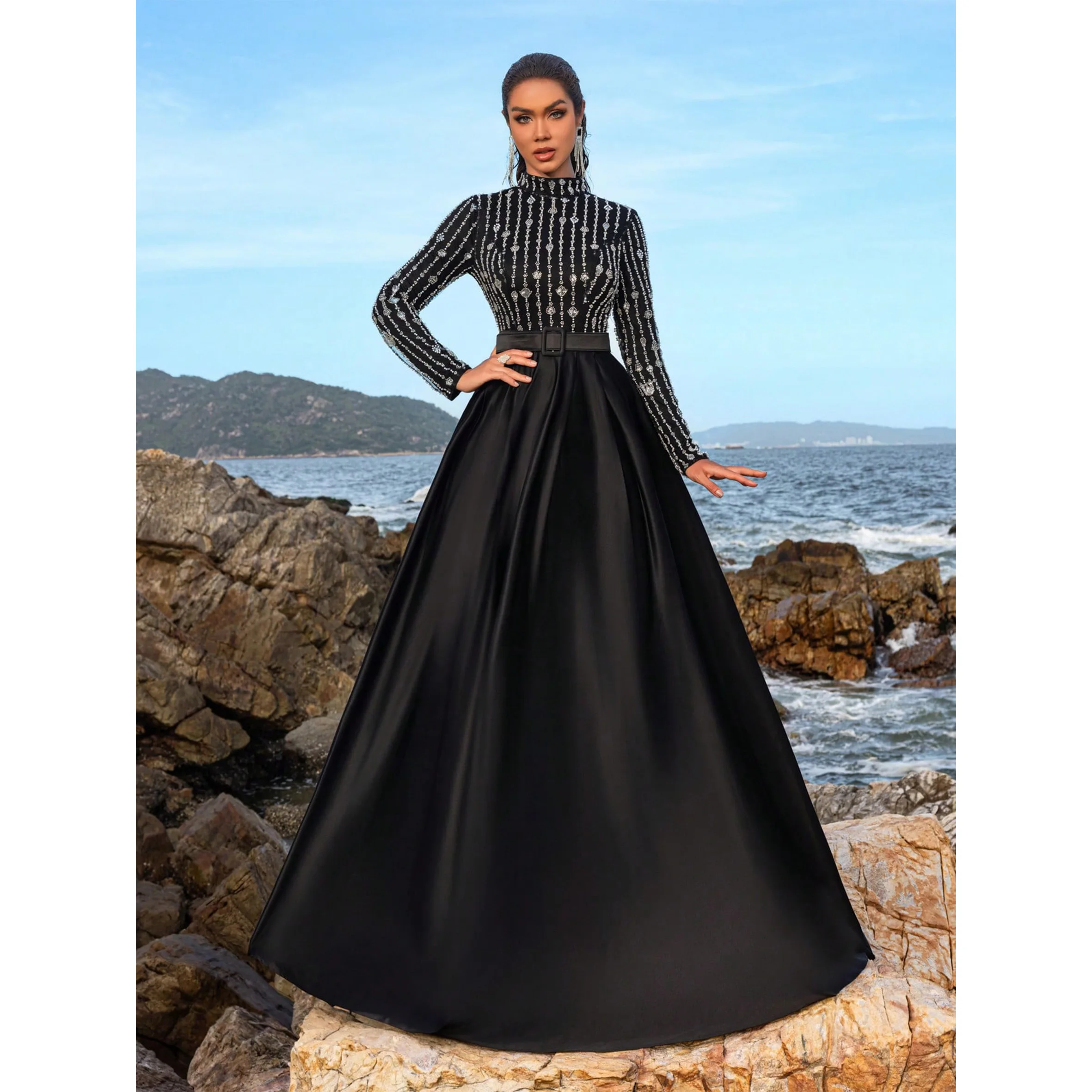 

Gorgeous Mock Neck Beaded Bodice Contrast Satin Hem Prom Dress