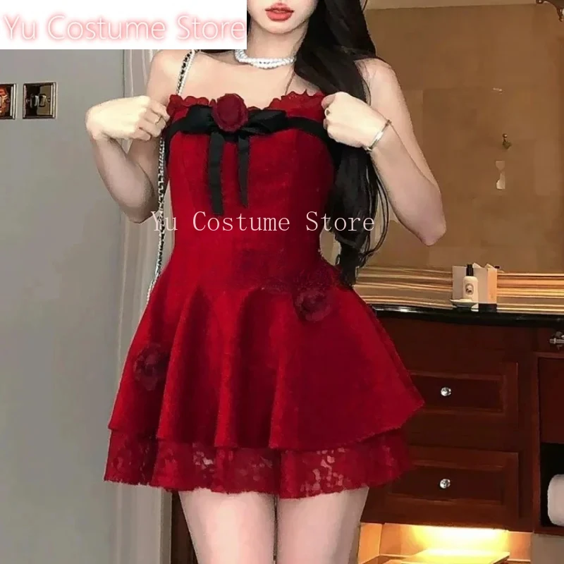 

Yu Gothic Y2k Lolita Style Dress Women Sexy Red Rose Flower Bow Party Mini Dress Japanese Fashion Elegant Dresses