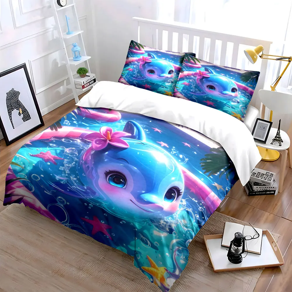 3pcs Cute cartoon dolphin in pool Duvet Cover Set with 3D Printing Design Soft Polyester Bedding Set All-Season Comfort