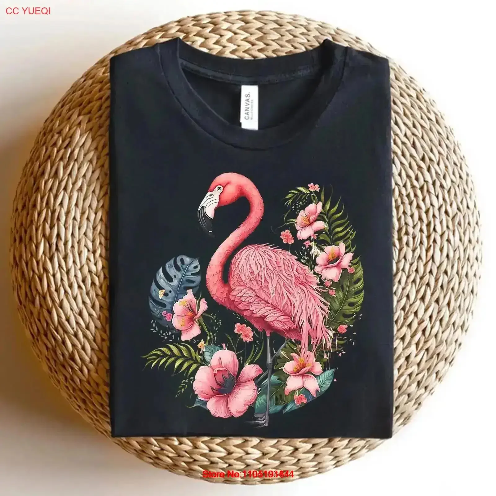 Camiseta de flamenco tropical, flor rosa y hibisco, vibraciones de playa de verano, vacaciones para mujer, ropa de diseñador lavada vintage