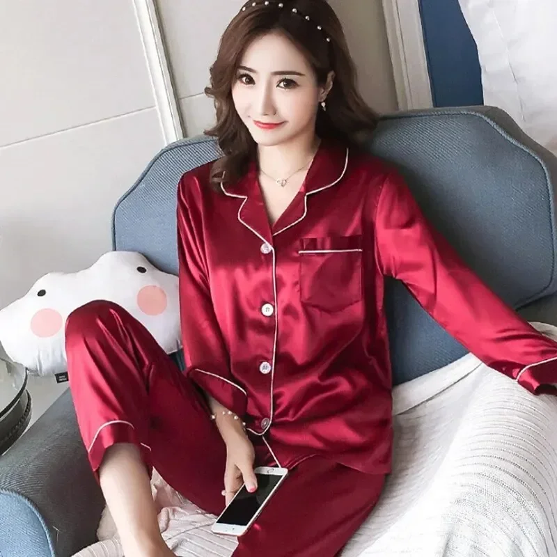 1 set ladies simulation silk sexy long sleeve cardigan pajamas plus size girlfriends homewear set