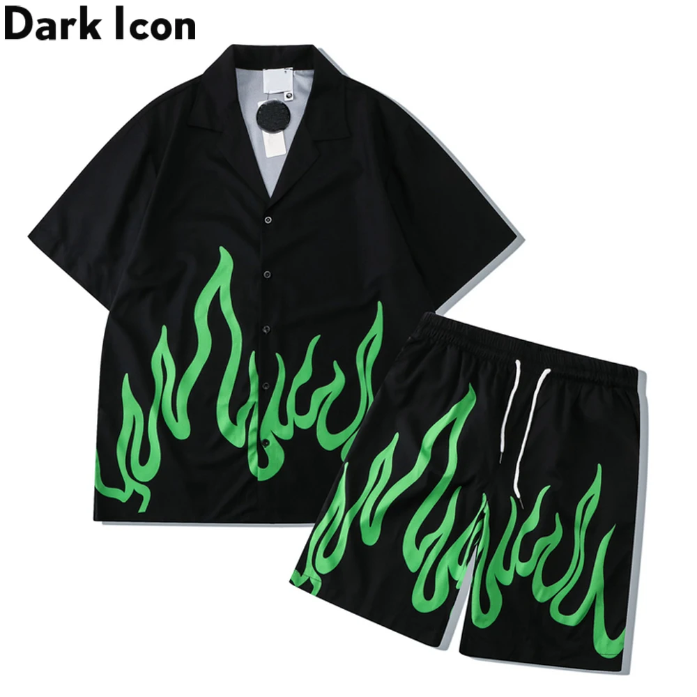 Dark Icon Green Flame Holiday Bech Set Men Summer Hawaiian Shirt and Short