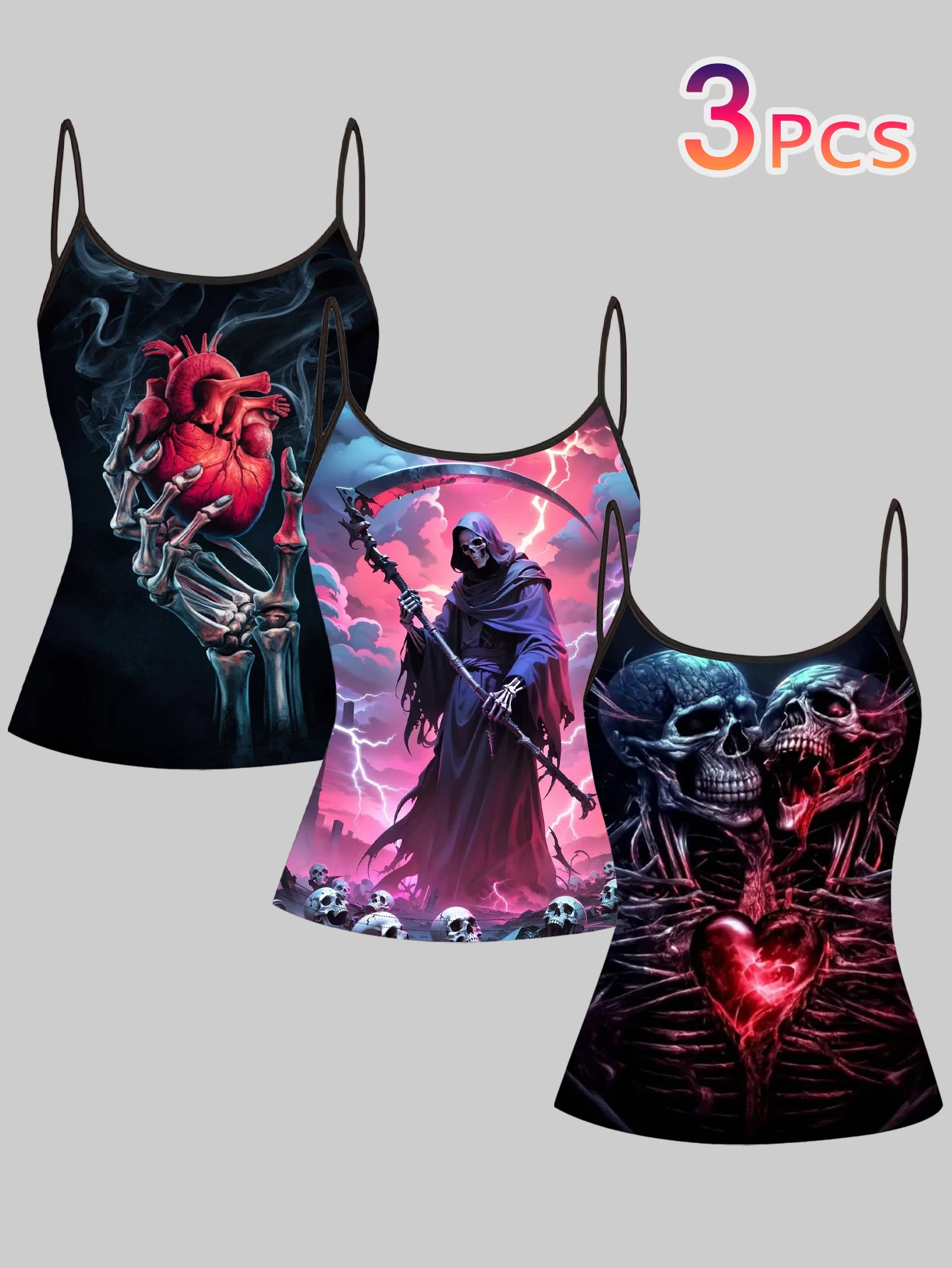 3-Piece Set of Women's Gothic Subculture Slim-Fit Sleeveless Tank Tops with Death Skull and Heart Print