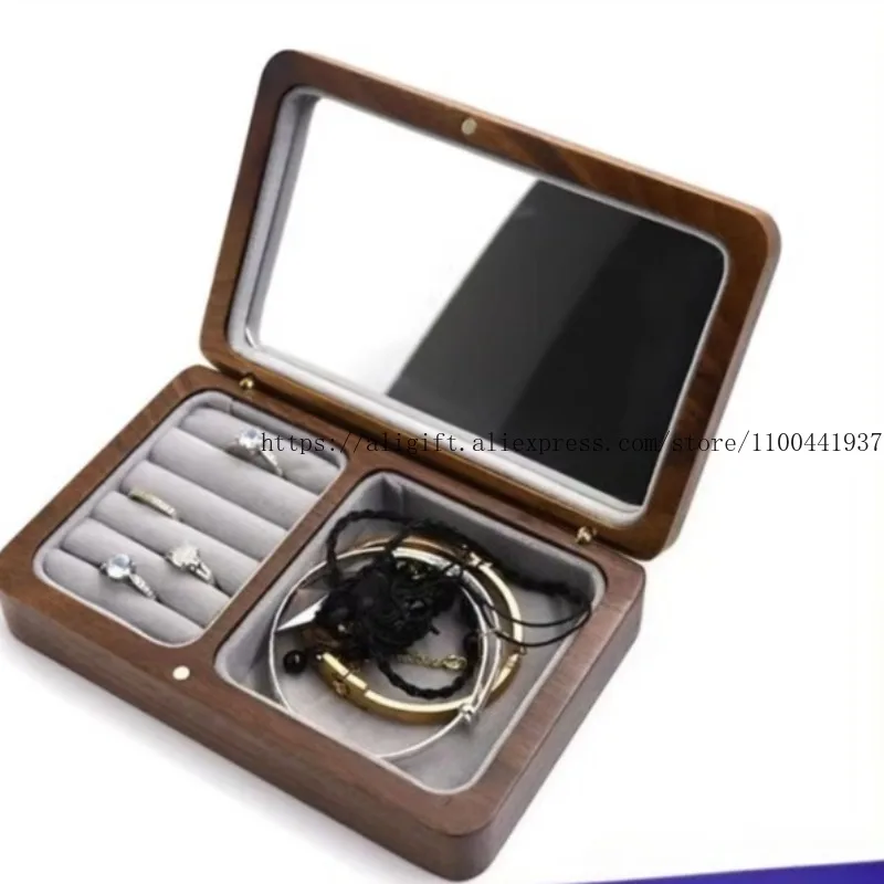 

Деревянная коробка для хранения ювелирных изделий с зеркалом, портативная подарочная коробка для макияжа, органайзер для хранения колец и браслетов