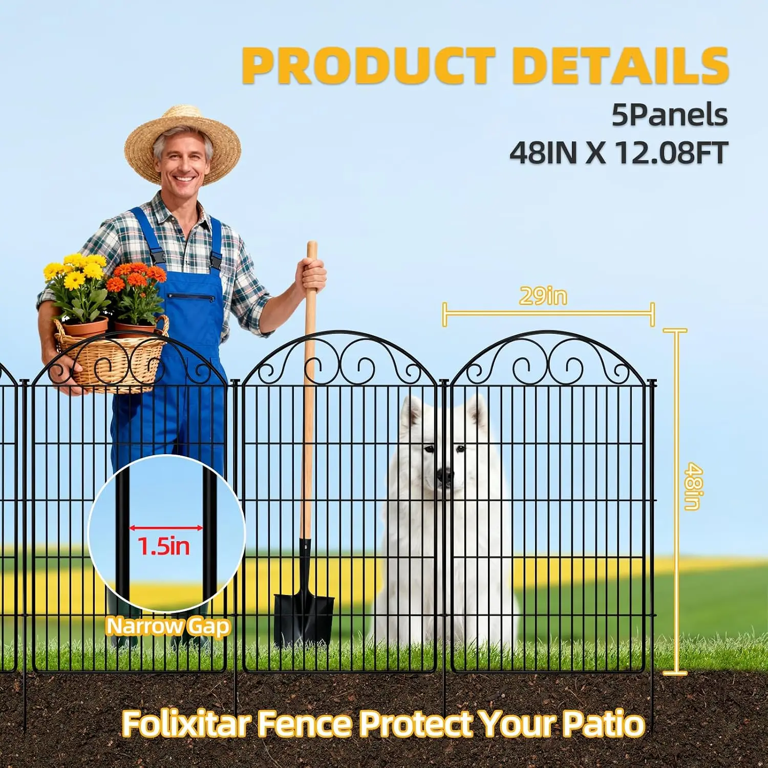 5 Panels No Dig Decorative Garden Dog Fence Outdoor for Yard, 48in(H) x 12.08ft(W) with Latch Tall Animal Barrier, Rustproof