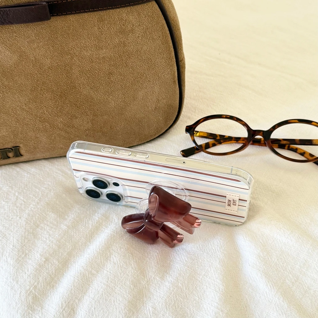 الخريف الشتاء بسيط الأزرق البني شريط Bowknot مع حامل للصدمات واقية غطاء الهاتف آيفون 17 16 15 14 برو ماكس