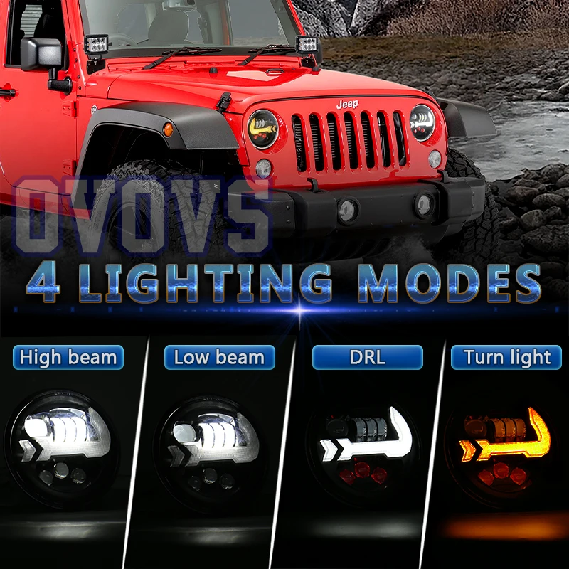 OVOVS Headlamp with Red Background DRL Amber Turn Signal Hi/Lo Beam 7inch Led Headlights for Jeep Wrangler TJ CJ LJ Hummer H1 H2