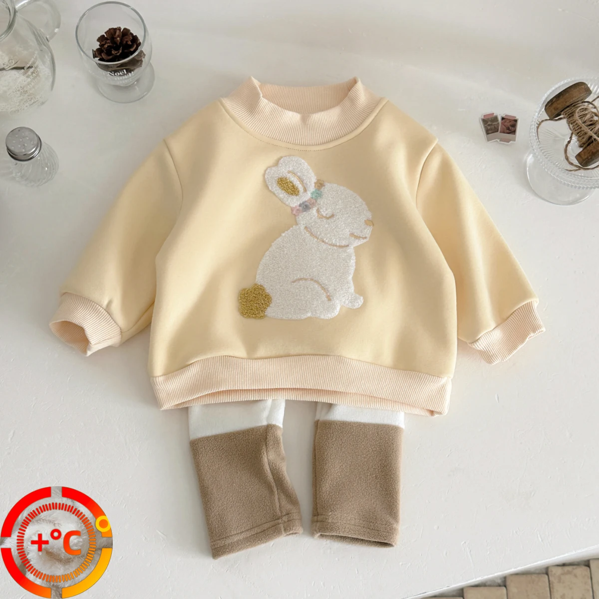 Cute Rabbit Embroidered Round Neck Velvet Pullover+color Blocked Pants Fashion Toddler Baby Girls Winter Warm Clothes