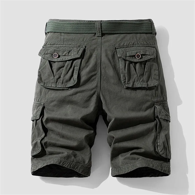 

Summer Men's Cotton Safari Style Casual Shorts Solid Color Fashion Multi-Pocket Cargo Knee Length Trousers Men Breathable Shorts