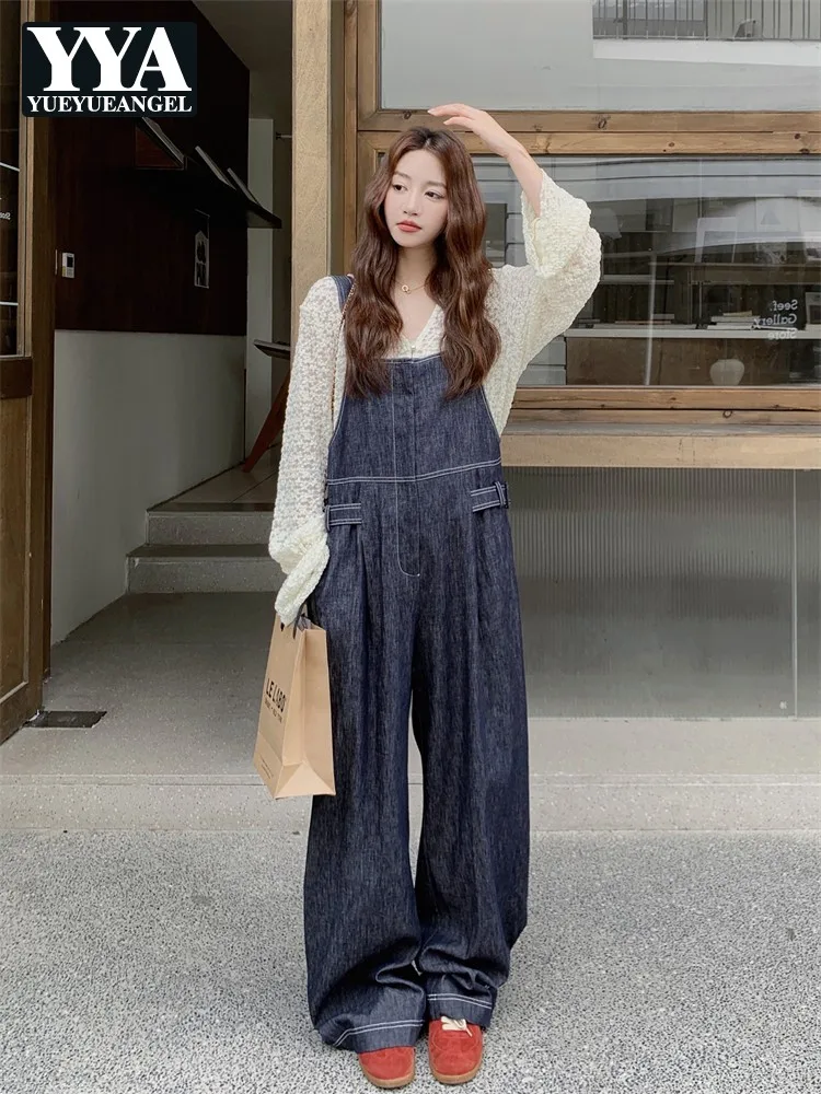 

Harajuku Women Casual Denim Overalls High Waist Loose Fit Korean Style Strap Jumpsuit Hip Hop Streetwear Female Wide Leg Rompers