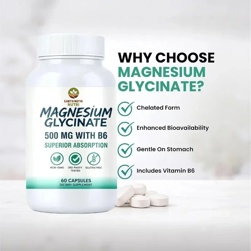 Magnesium Glycinate Supplement 500mg Contains Vitamin B6 To Enhance Absorption -60 Capsules.