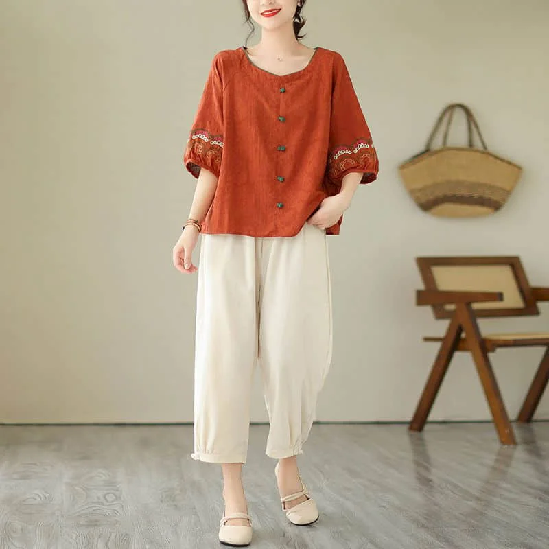 Literary Pants Sets Vintage Embroidery Half Sleeve O-neck Tops and Harem Pants Summer Korean Style Two Piece Sets Women Outfits