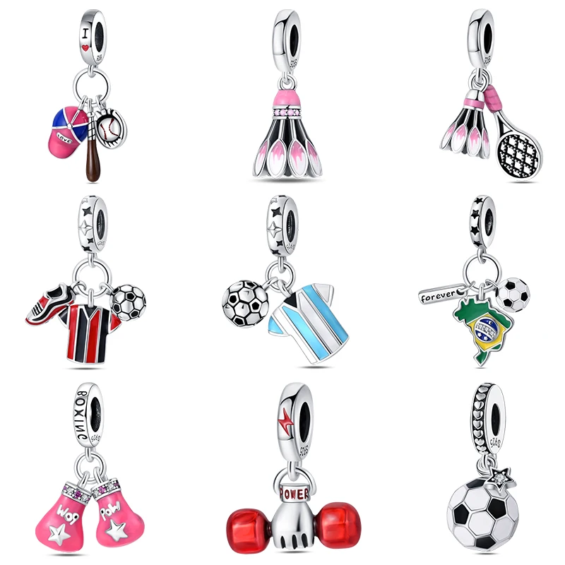 

new in 925 Sterling Silver Football Baseball Dumbbell Badminton Charms Beads Fit Pandora Original Bracelet Fine DIY Jewelry Gift