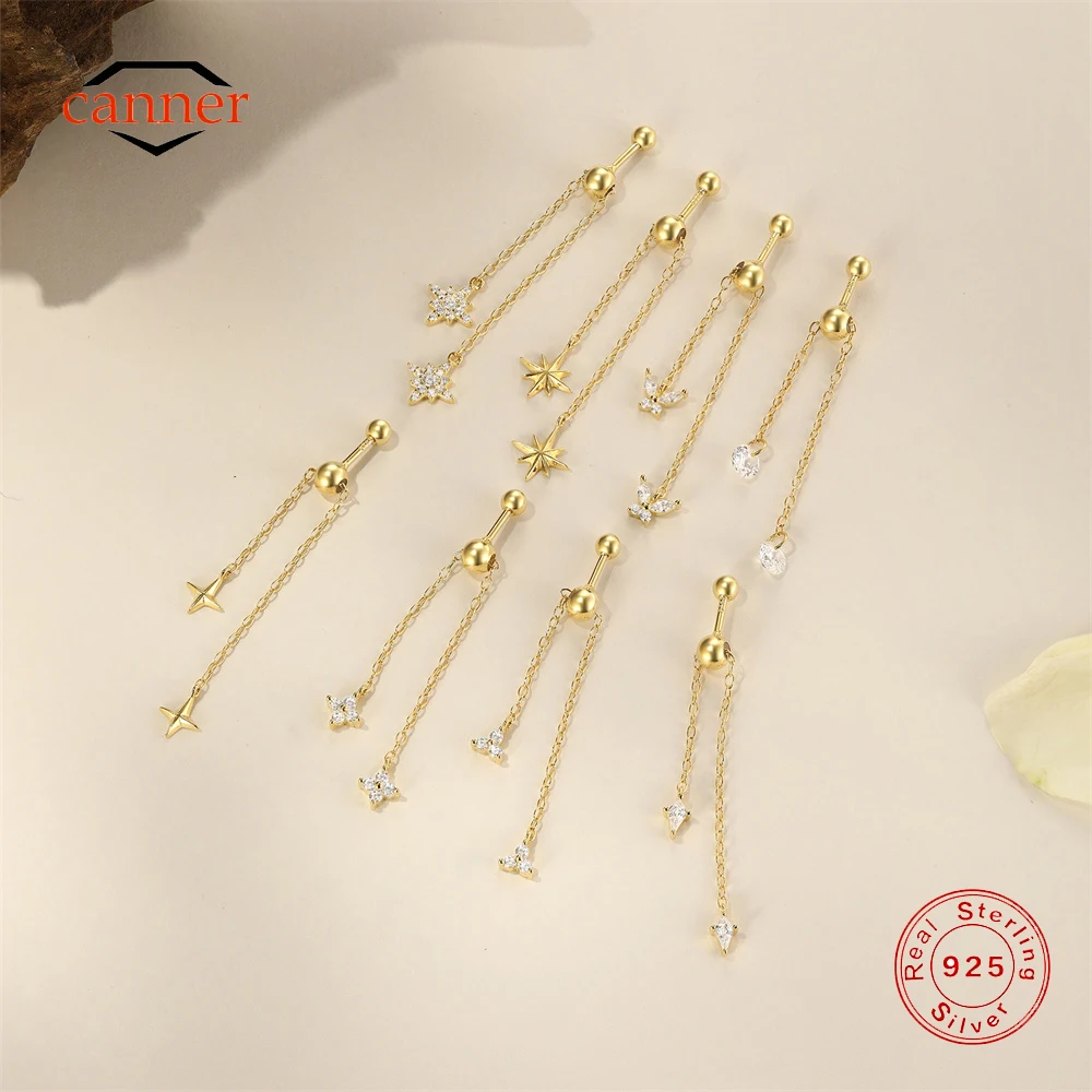 CANNER 1PC Adjustable Eight Pointed Star Long Tassel Chain Earring For Women Ins Four Zircon Flowers Pendientes Plata De Ley 925