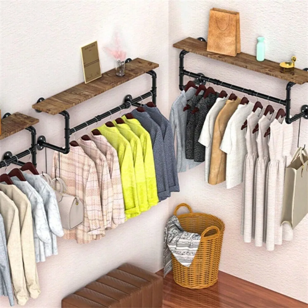 

Wall Mount Garment Clothes Closet Storage Rack Hanging Rail Iron Pipe Organiser