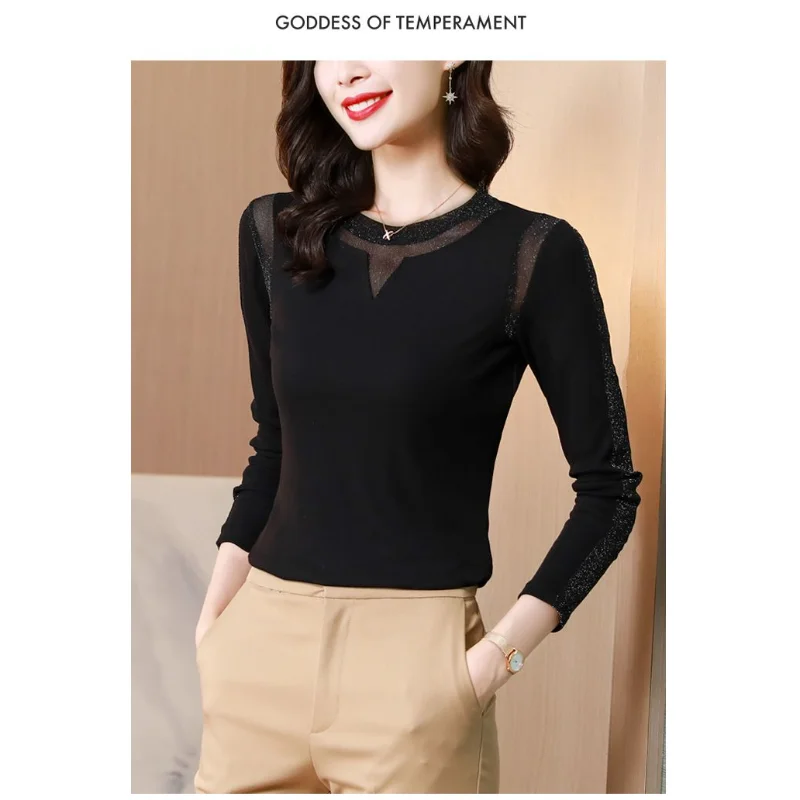 

Женская внутренняя одежда с сетчатым низом, весна-осень 2021, новый стиль, стильная яркая шелковая футболка с длинными рукавами, топ