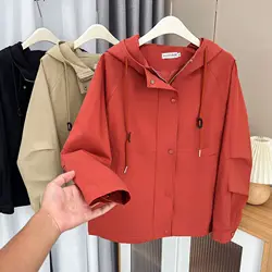 Washed Cotton Solid Color Zipper Hooded Jacket Womens Plus Size Autumn 2023 Casual Clothing Fashion Outwear Curve Coats F21 6821