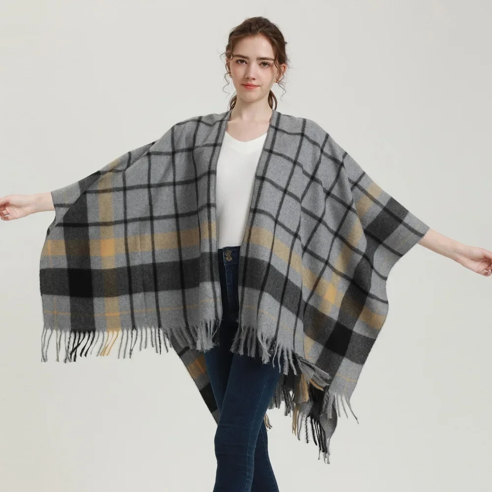 Autumn Winter Checked Scarf Shawl Tassels Imitation Cashmere Wear Both Sides Shawl Women Poncho Lady Capes Purple Cloaks