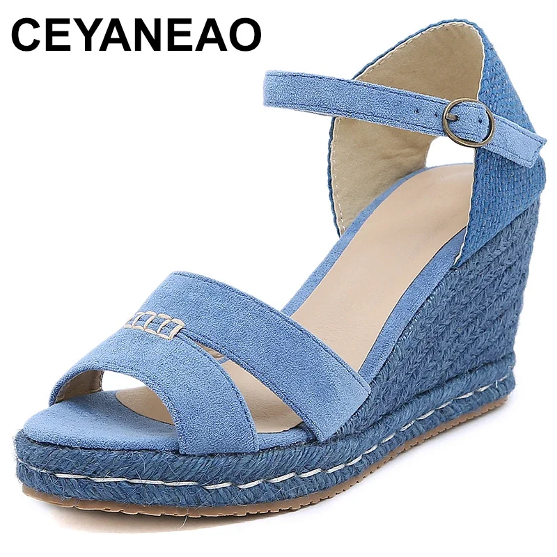 

Wedges Sandal Women Summer New Platform Pumps Bohemia High Heel Ankle Strap Solid Flock Female Shoes Zapatos De Mujer