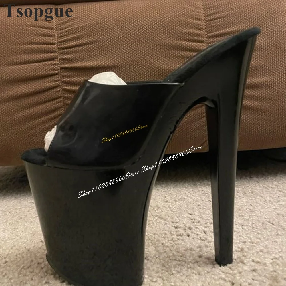 Trendy Patent Leather Black Platform Slippers Stilettos High Heel Women Shoes Slip On Peep Toe 2024 Fashion Zapatos Para Mujere