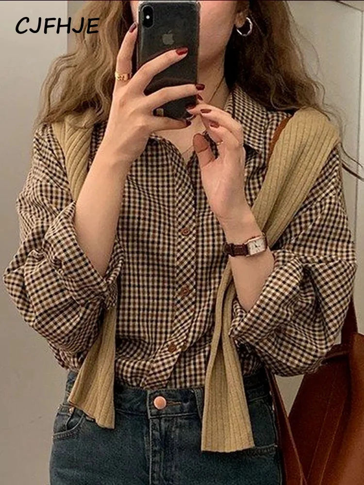 Vintage Simple Elegant Female Long Sleeve Preppy Style Tops Shirt Women Brown Plaid All-match Turn-down Collar Wooden-Buttons