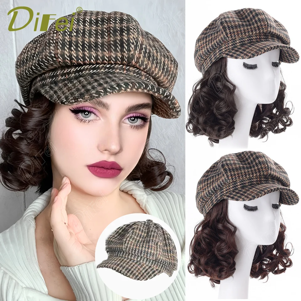 DIFEI Wig Hat One Female Synthetic Wig Retro Elegant Autumn And Winter Houndstooth Octagonal Hat Short Curly Wig