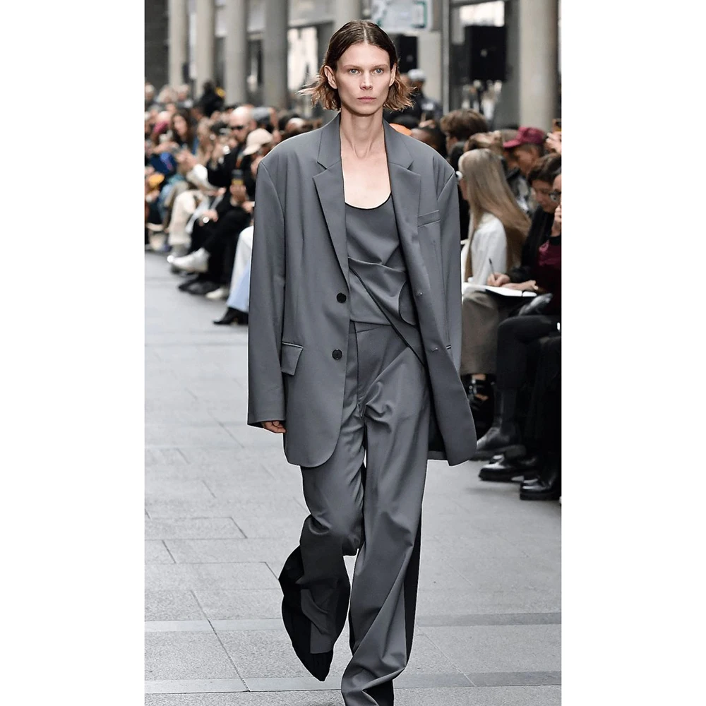 

Gray Oversized Style Women's Notch Lapel Blazer & Pants 2 Piece Set Single-Breasted Loose Fit Office Casual Female Oufits