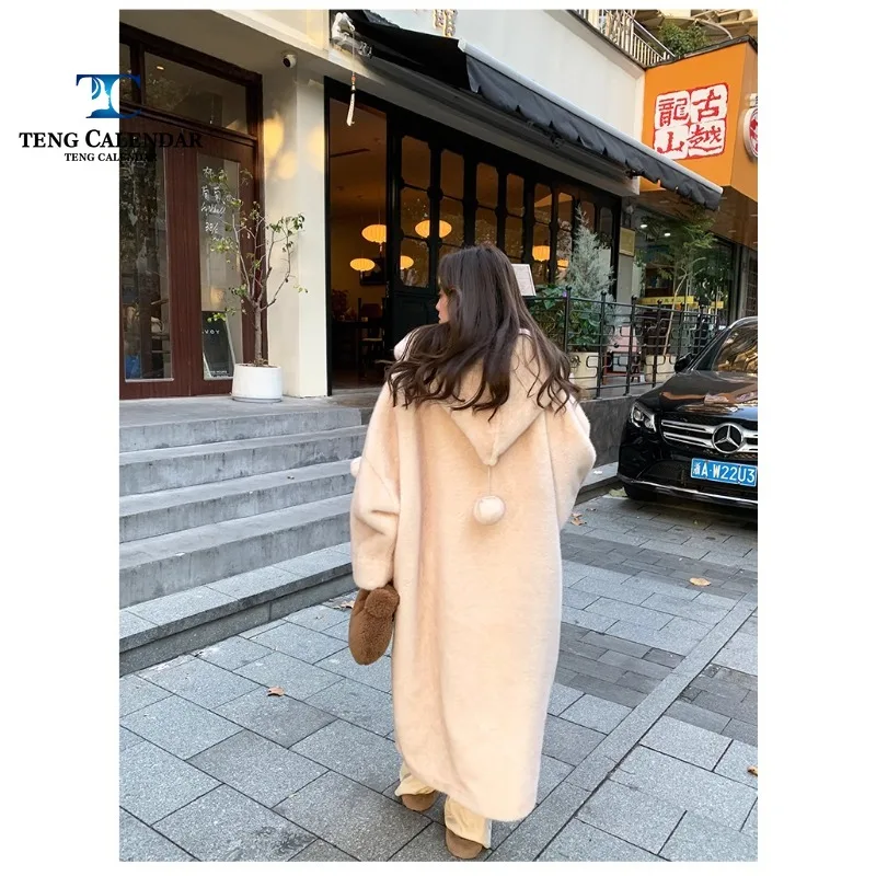 Rabbit Coat, Long Hooded Thickened Fur Ball Imitation Mink Fur Integrated Coat, Women's Autumn and Winter New 2024