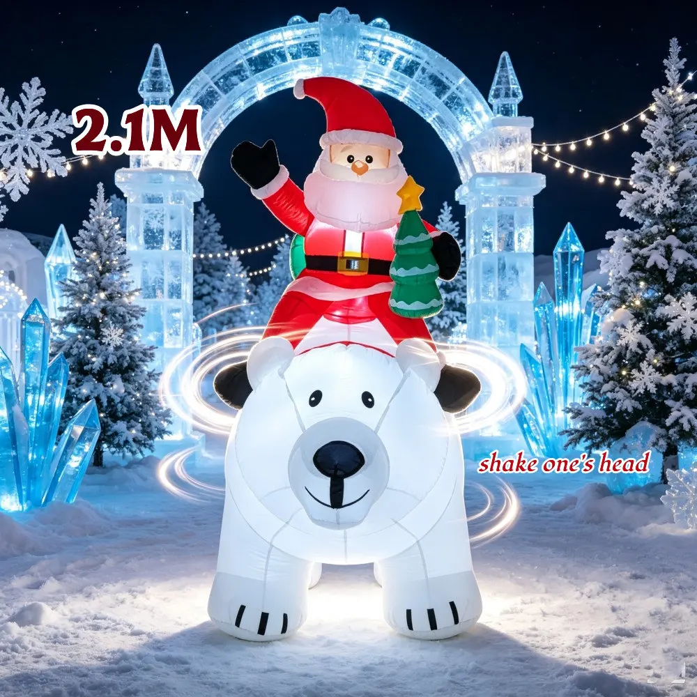 2.1M Inflatable Santa Claus Riding Shaking Head Polar Bear Built-in LED Lights Suitable For Indoor Outdoor Courtyard Decoration