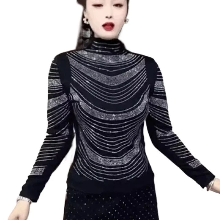 

Женская футболка со стразами и длинным рукавом, черный модный топ с высоким воротом