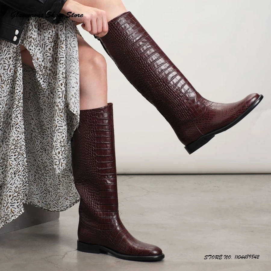 

Crocodile Embossed Knee-high Boots Women's Round Toe Flat with Casual Plus Size Shoes Spring Autumn Fashion Pull On Modern Boots