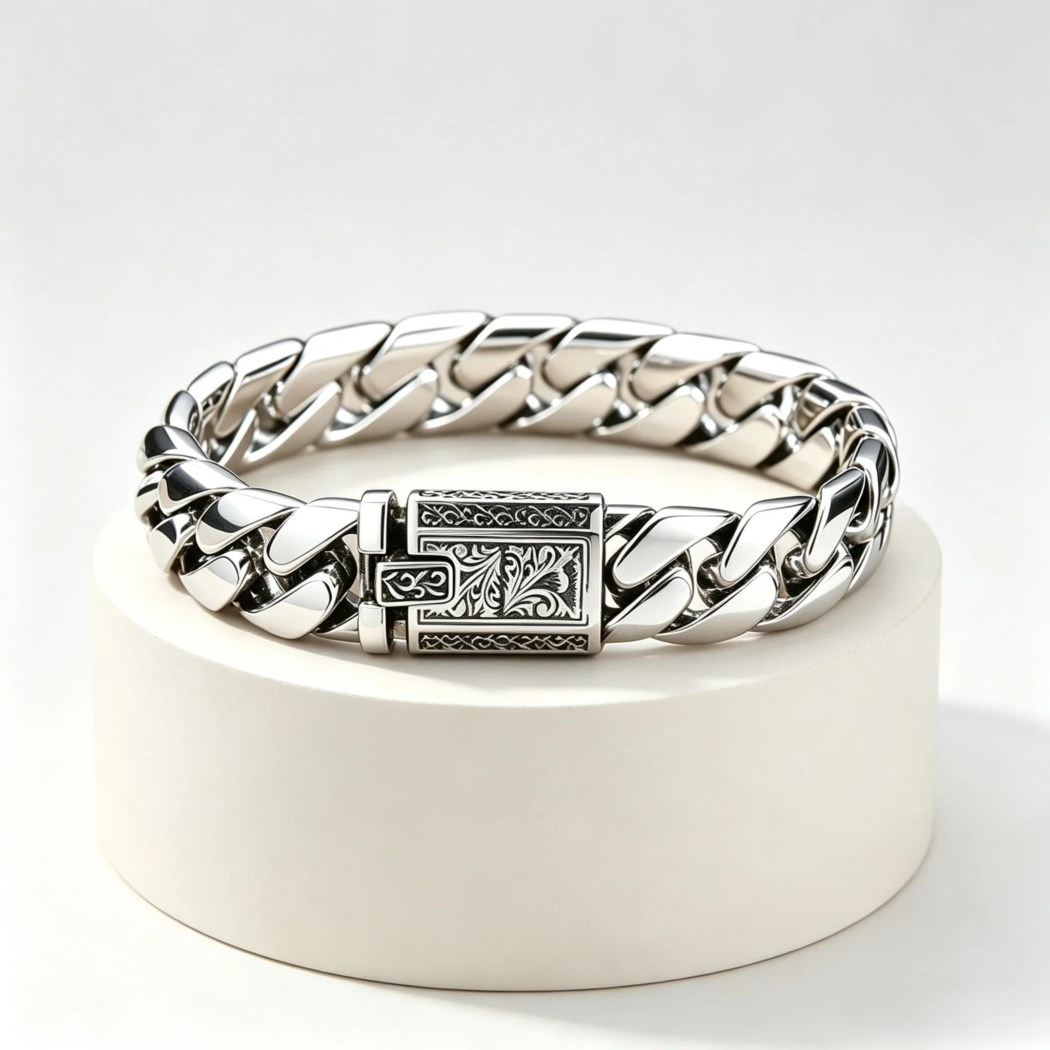 Retro Engraved Pattern Buckle S925 sterling silver Men Bracelet Wide Cuban Curb Chain Fashion Male Silver Wrist Jewelry