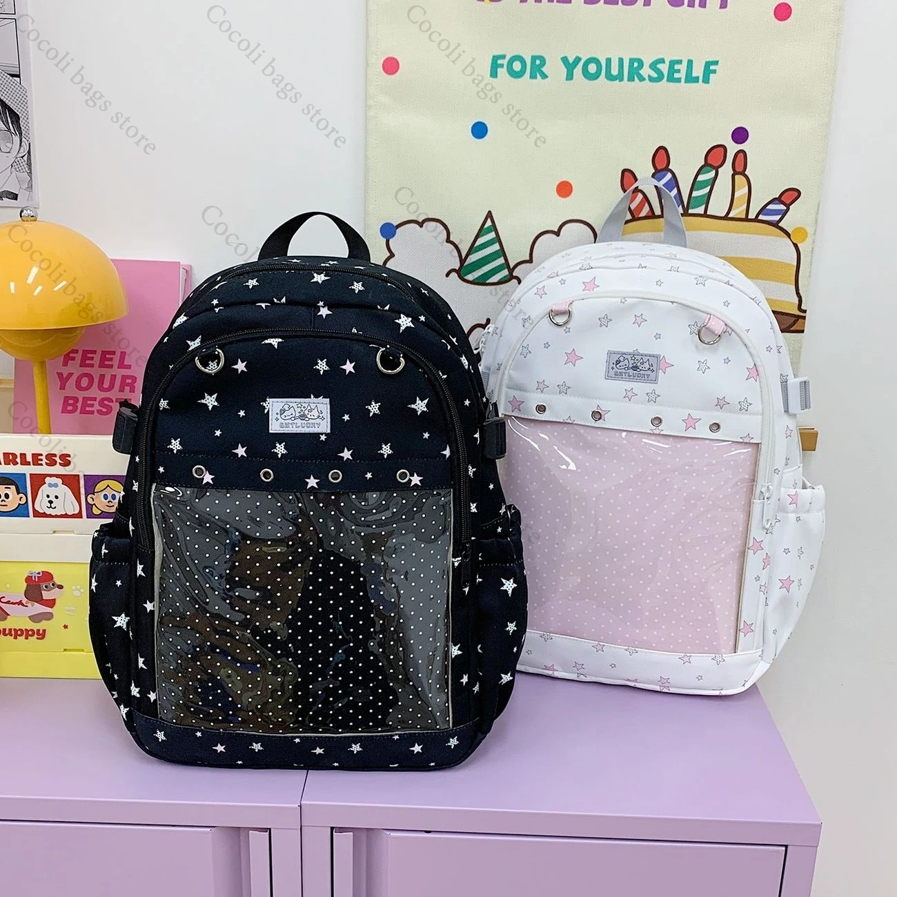 Kawaii Stars Print Backpack Ita Bag Large Capacity Itabag Y2K Bags Girls Bag Teenage Youth Backpacks Child Backpack