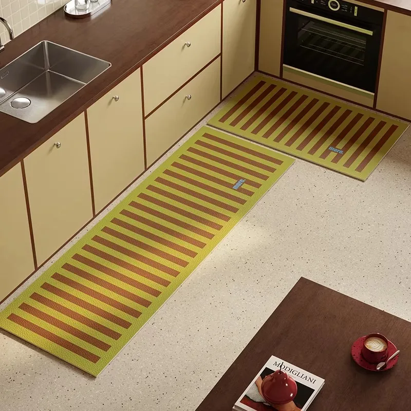 Kitchen Rug PVC Leather Waterproof Non-Slip Long Carpet Oil-proof Floor Mat Yellow Striped Rugs Home Decor Alfombra De Cocina